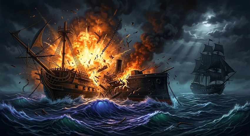 Iron explosion destroying an ironclad ship in a dark sea with fiery debris and glowing waves.