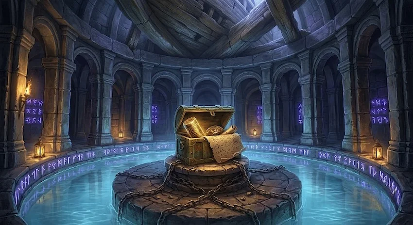 Relic glowing inside an ancient brass chest within a dark stone vault chamber under the sea.
