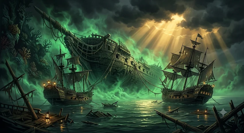 Flame illuminates ancient wooden wreckage in the dense green mist of the Tomb of Echoes.