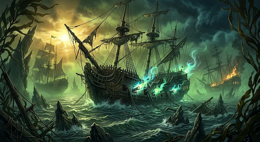 Ghost fleet galleons entangled in kelp and jagged reefs within a sickly green glowing mist.