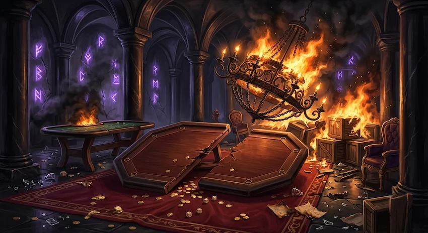 Hazard game table overturned with scattered gold coins and collapsing fiery iron chandelier in a dark obsidian salon.