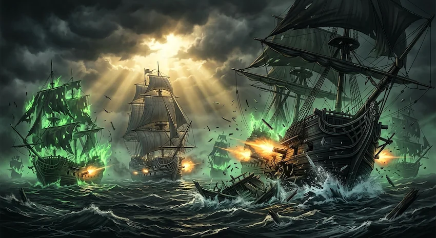 Mist swirling around decaying ghost ships with glowing green lanterns attacking a grand naval galleon in a stormy sea.