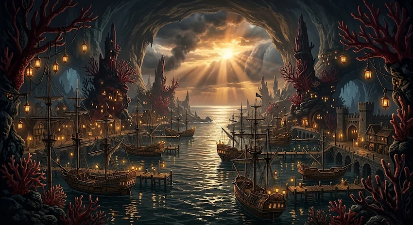 Ocean bay enclosed by dark crimson coral spires and filled with glowing merchant galleons under amber lanterns.