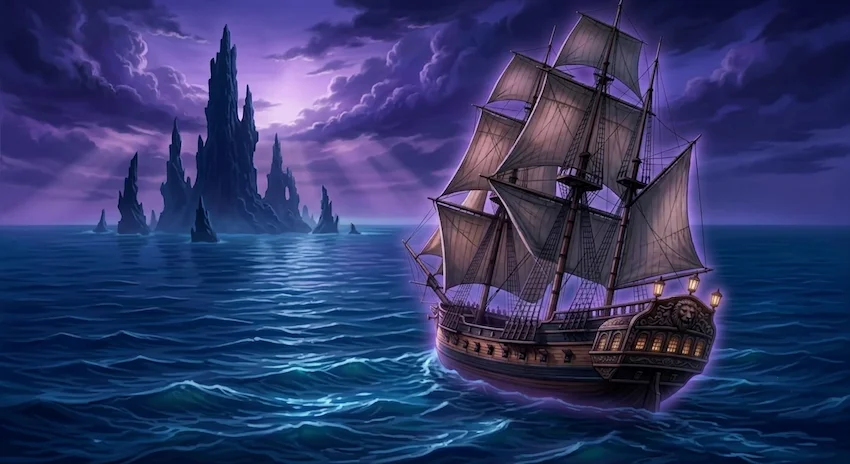 Ocean glowing in deep sapphire beneath a violet sky with distant jagged coral spires. Caption: Entering the uncharted waters of the Second Boundary.