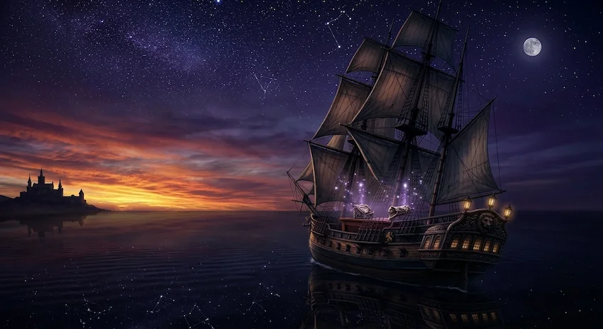 Ocean glowing pitch black under a starry night sky with golden dawn light breaking over the horizon.