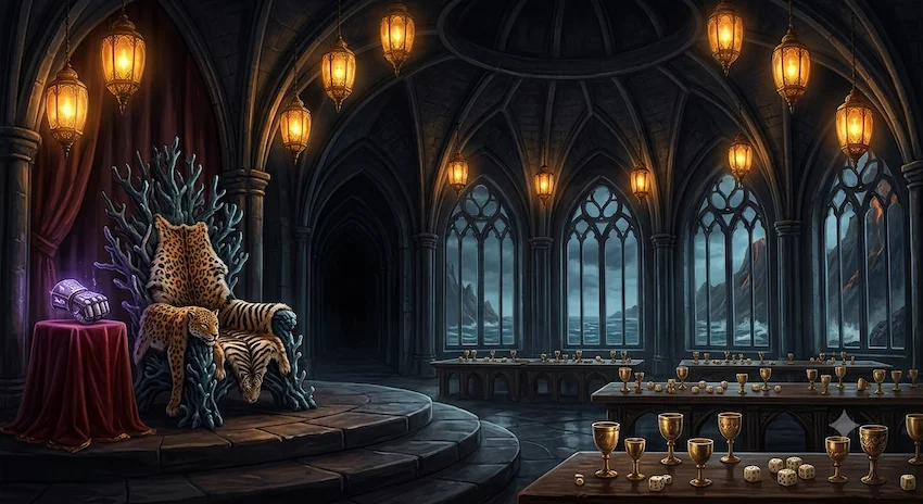 Ocean view through the grand arched windows of a dark obsidian ballroom decorated with glowing amber lanterns.