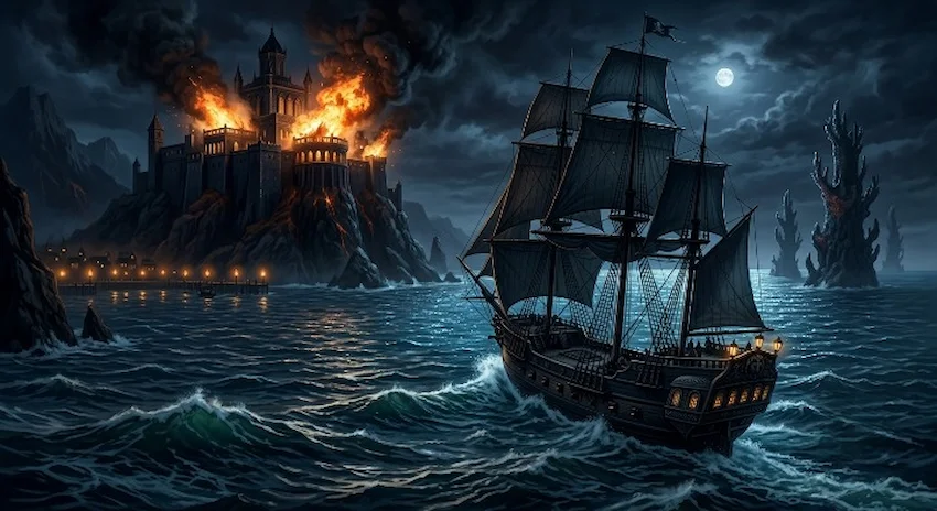 Smoke, Pirate galleon escaping a burning obsidian fortress with fiery explosions in a dark sea at night.