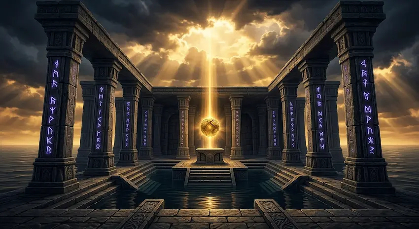 Ocean sea temple made of basalt and glowing violet runes rising out of dark obsidian water under a golden dawn sky.